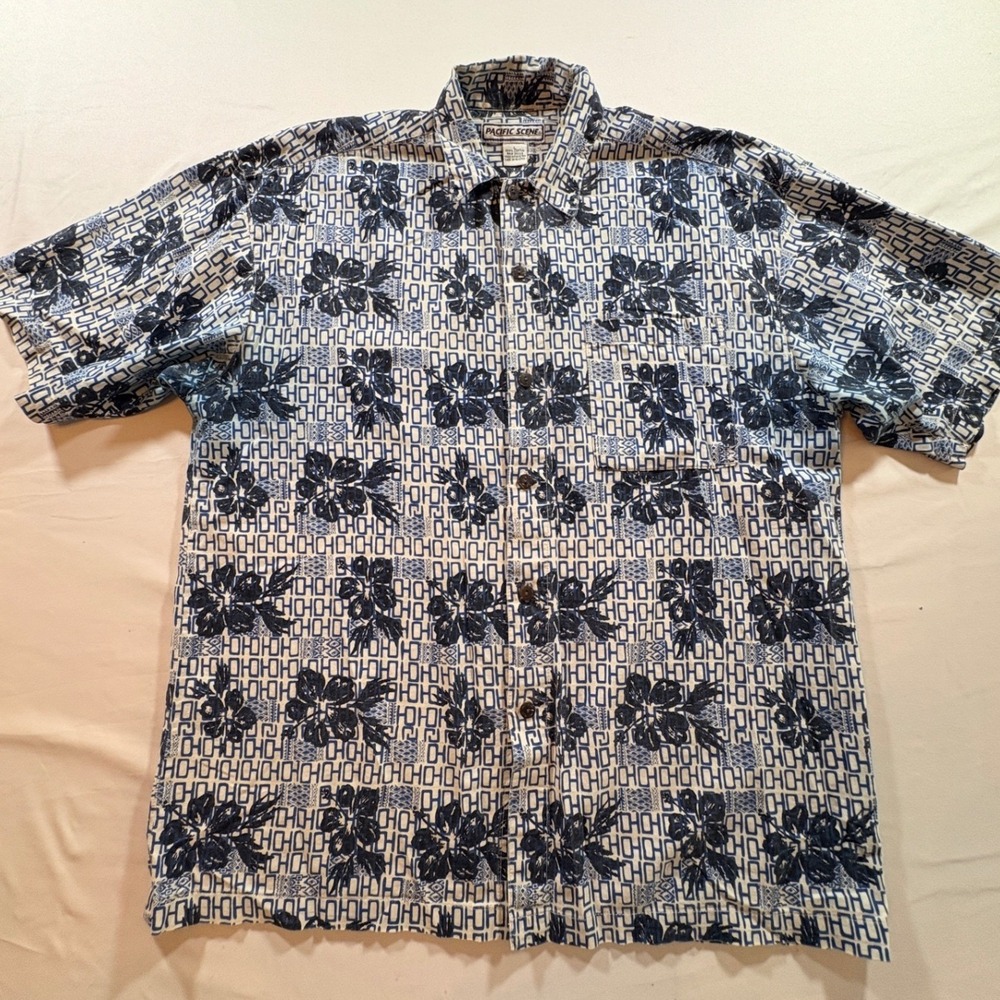 Pacific Scene Hawaiian Shirt Men Large Blue Floral Cotton Short Sleeve Button Up - Picture 2 of 8